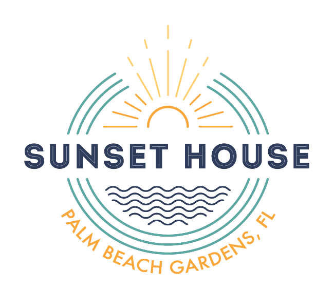 the "Sunset House Palm Beach Gardens, FL" logo with a sunset and waves